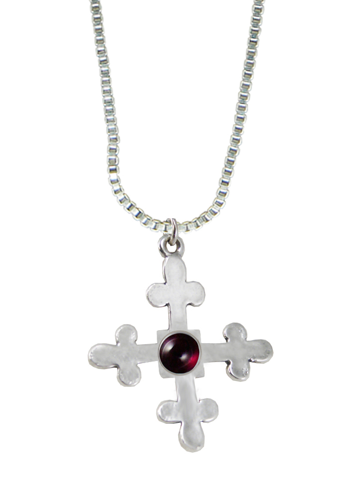 Sterling Silver Budded Cross Pendant With Garnet
